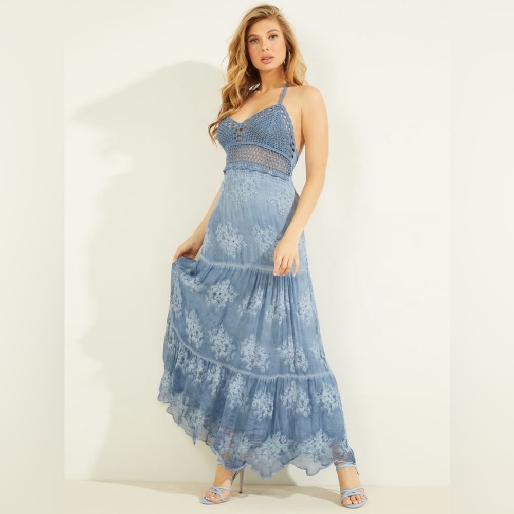 Guess Vanda Crochet V-neck Halter Silk Blend Long Dress Blue Womens Large